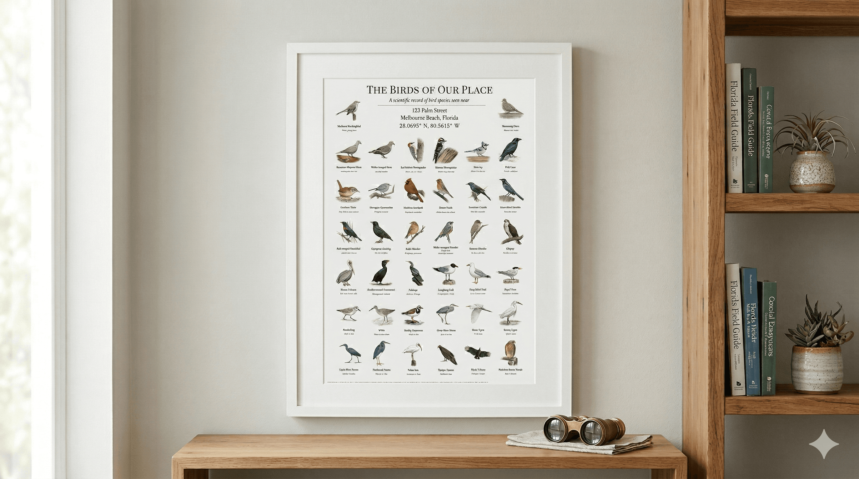 Framed bird poster hanging on a wall next to bookshelves with field guides and binoculars