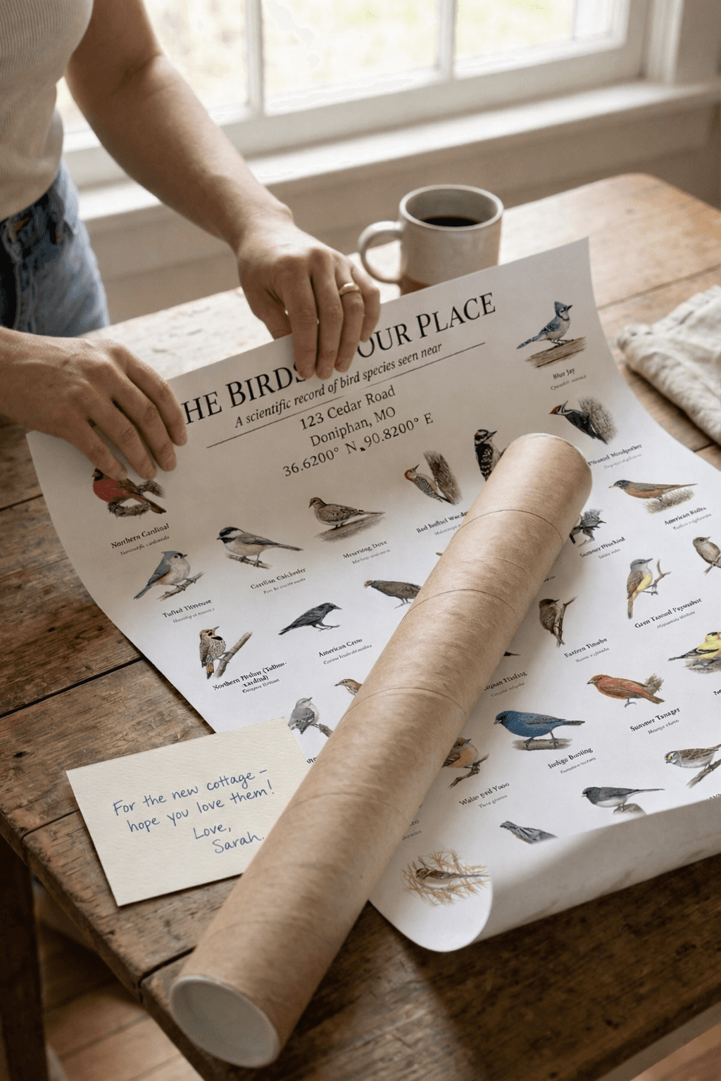 Woman unrolling a bird poster from a kraft paper tube on a kitchen table with a handwritten gift note