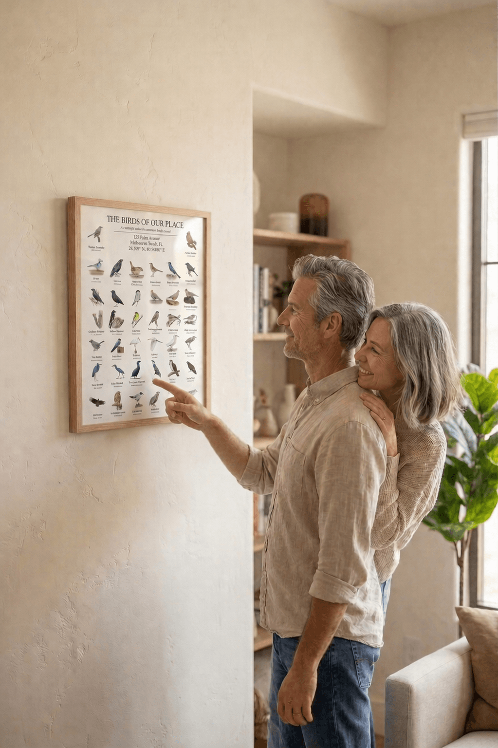 A couple standing together admiring a framed bird poster on their wall