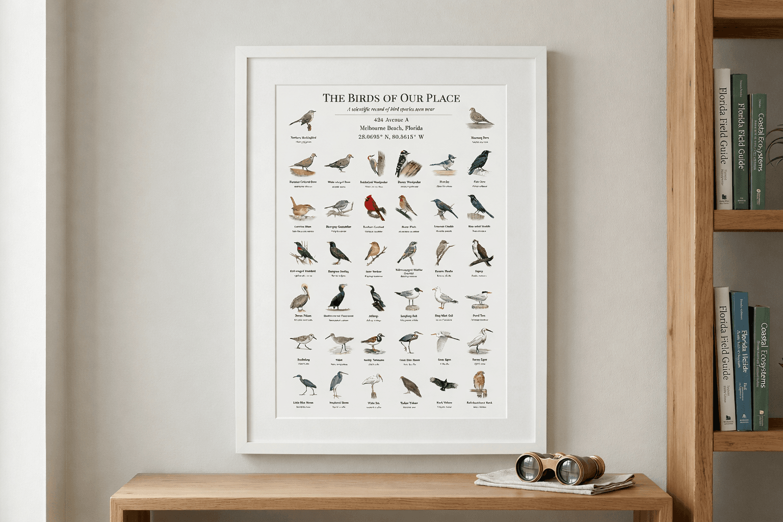 Framed bird poster hanging on a wall next to bookshelves with field guides and binoculars