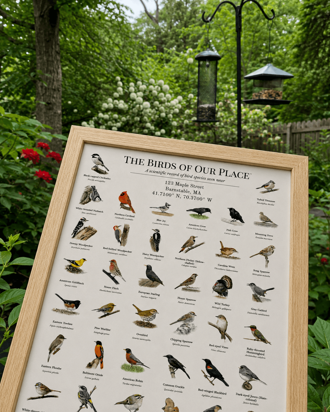 Framed 'Birds of Our Place' bird print displayed outdoors in a garden beside bird feeders