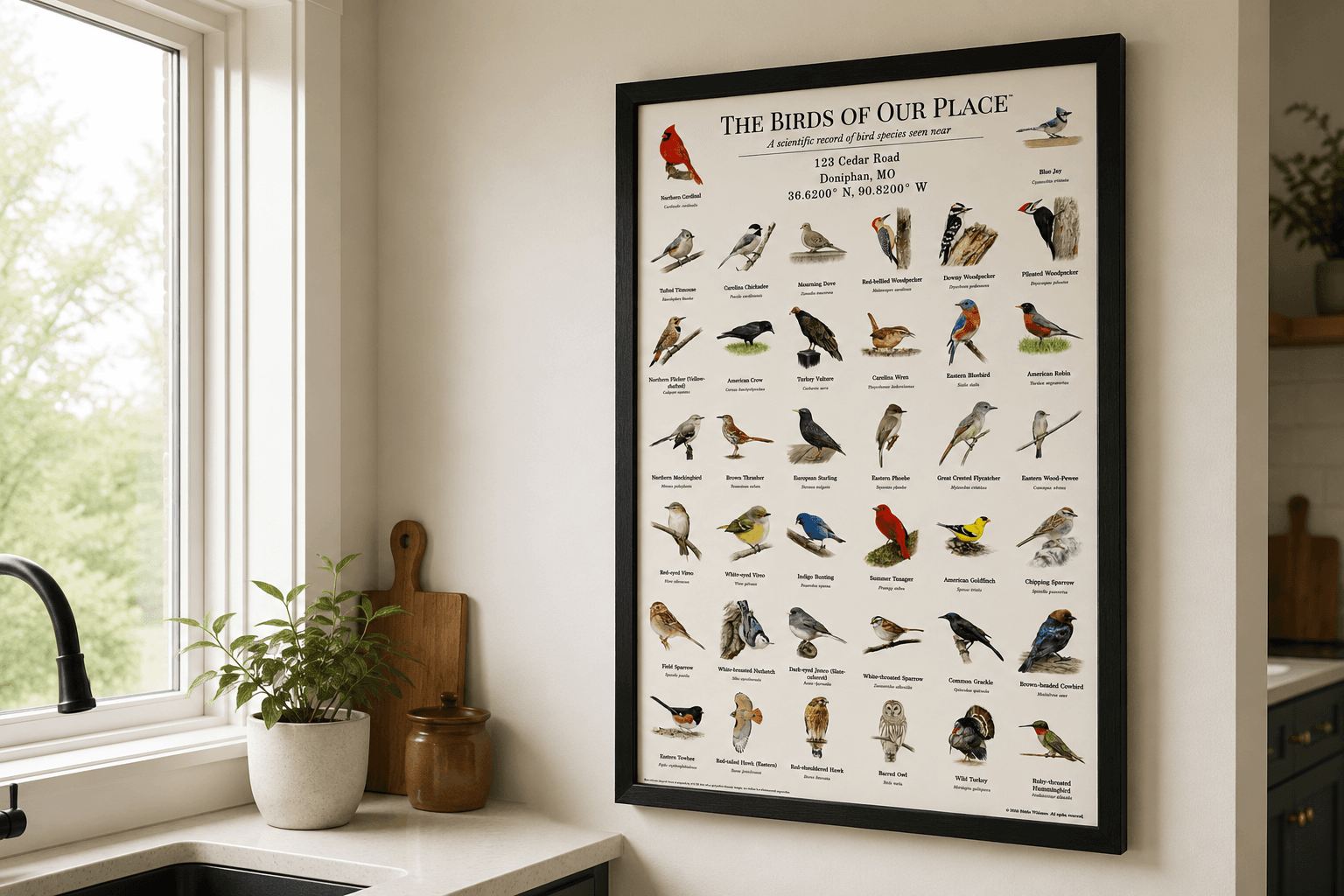 Framed 'Birds of Our Place' bird print hanging in a bright kitchen